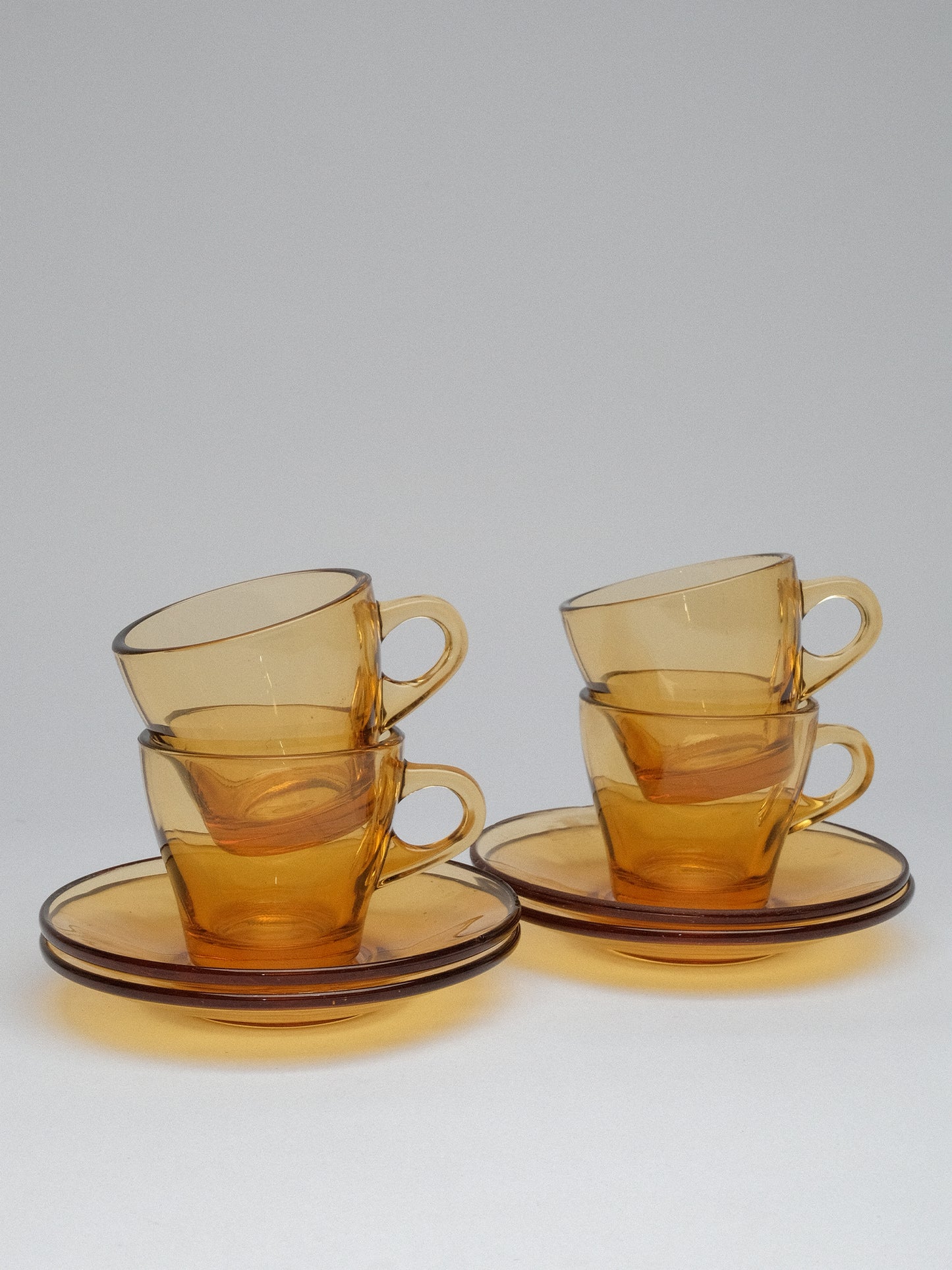 Amber Glass Espresso Cups + Plates Set of 4