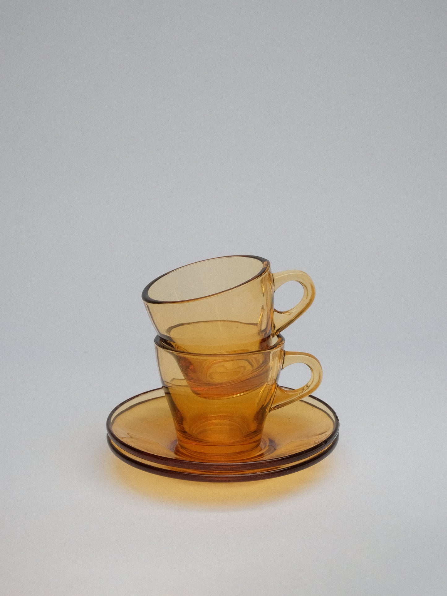 Amber Glass Espresso Cups + Plates Set of 4