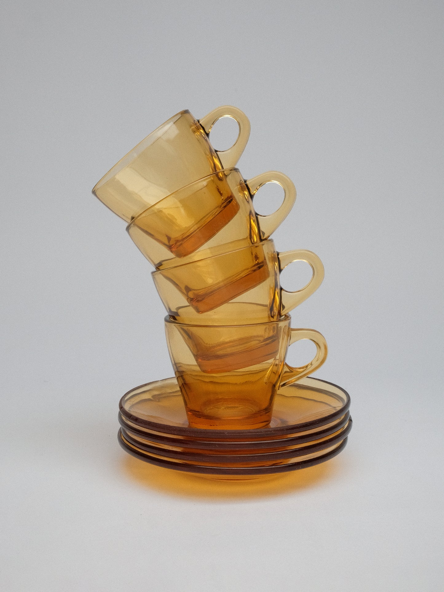 Amber Glass Espresso Cups + Plates Set of 4