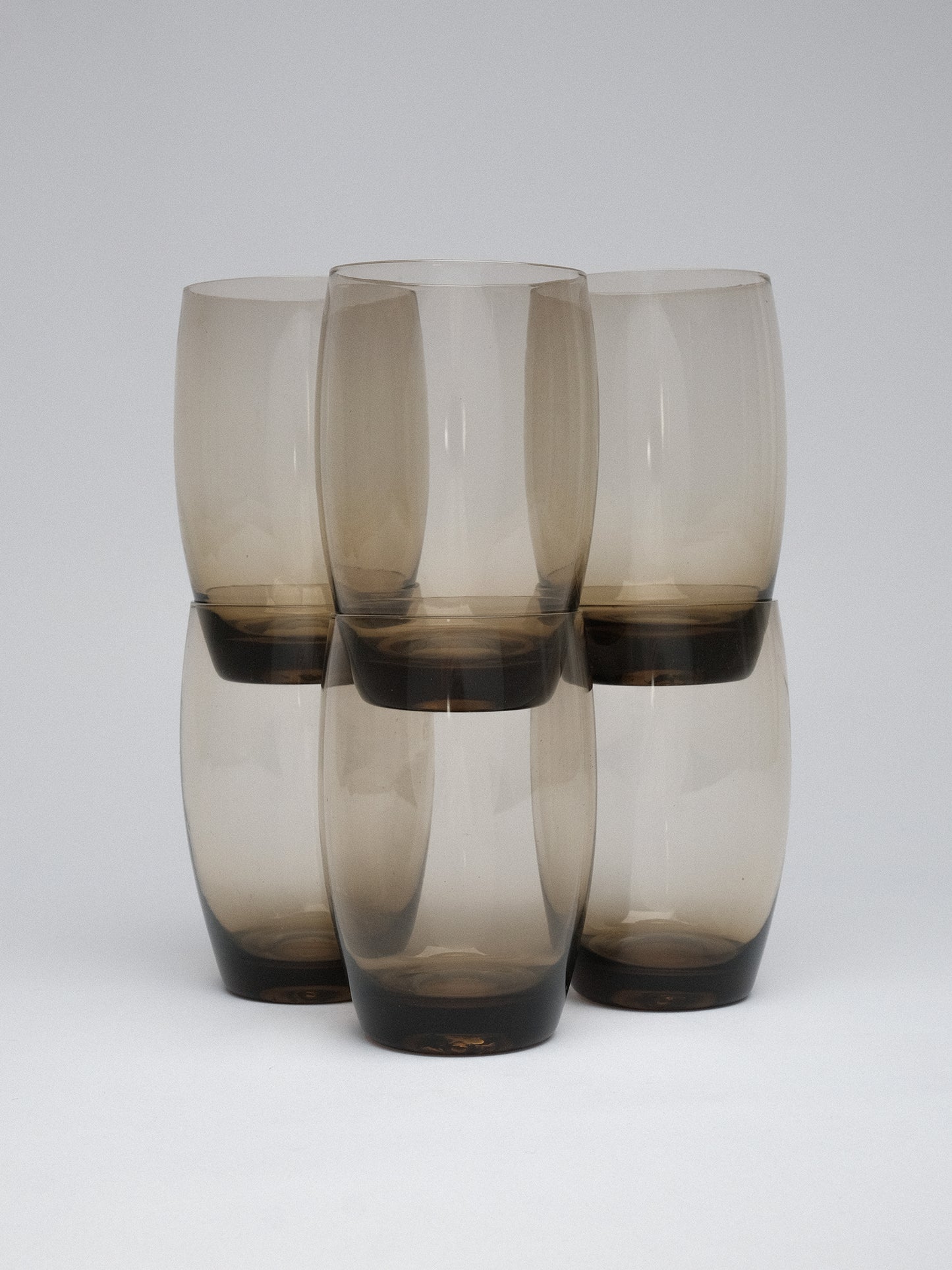 Smoky Glass Barrel Tumblers Soft Curve MCM Style (c. 1970s–80s) Set of 6
