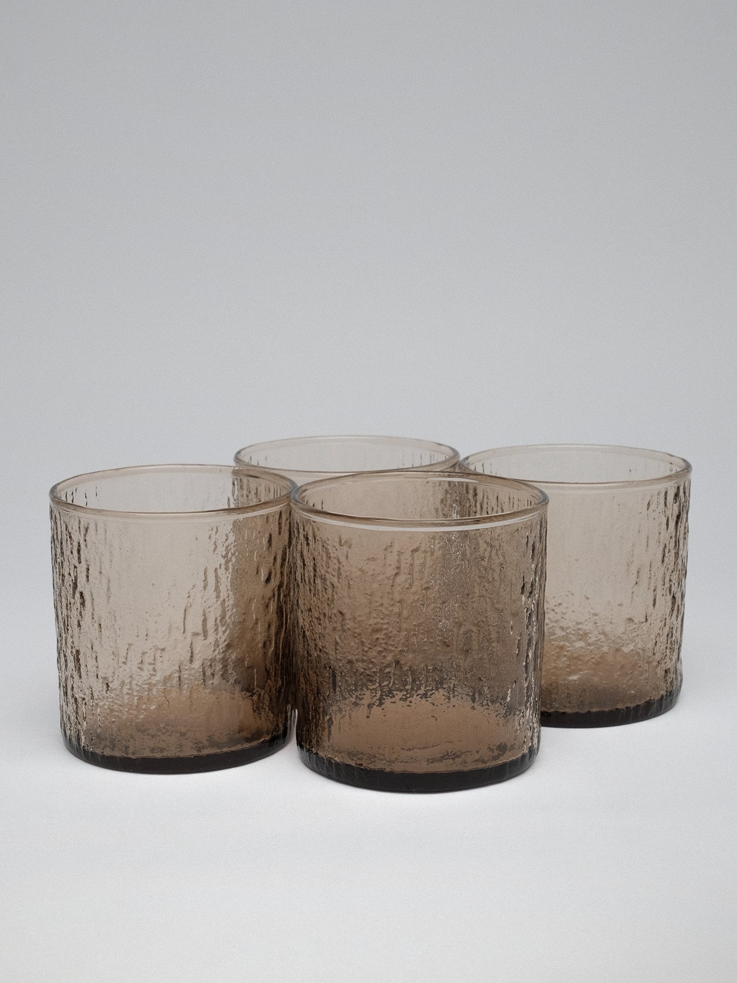 Crown Corning “Kaaru” Bark-Textured Tumblers Smokey Glass Set of 4