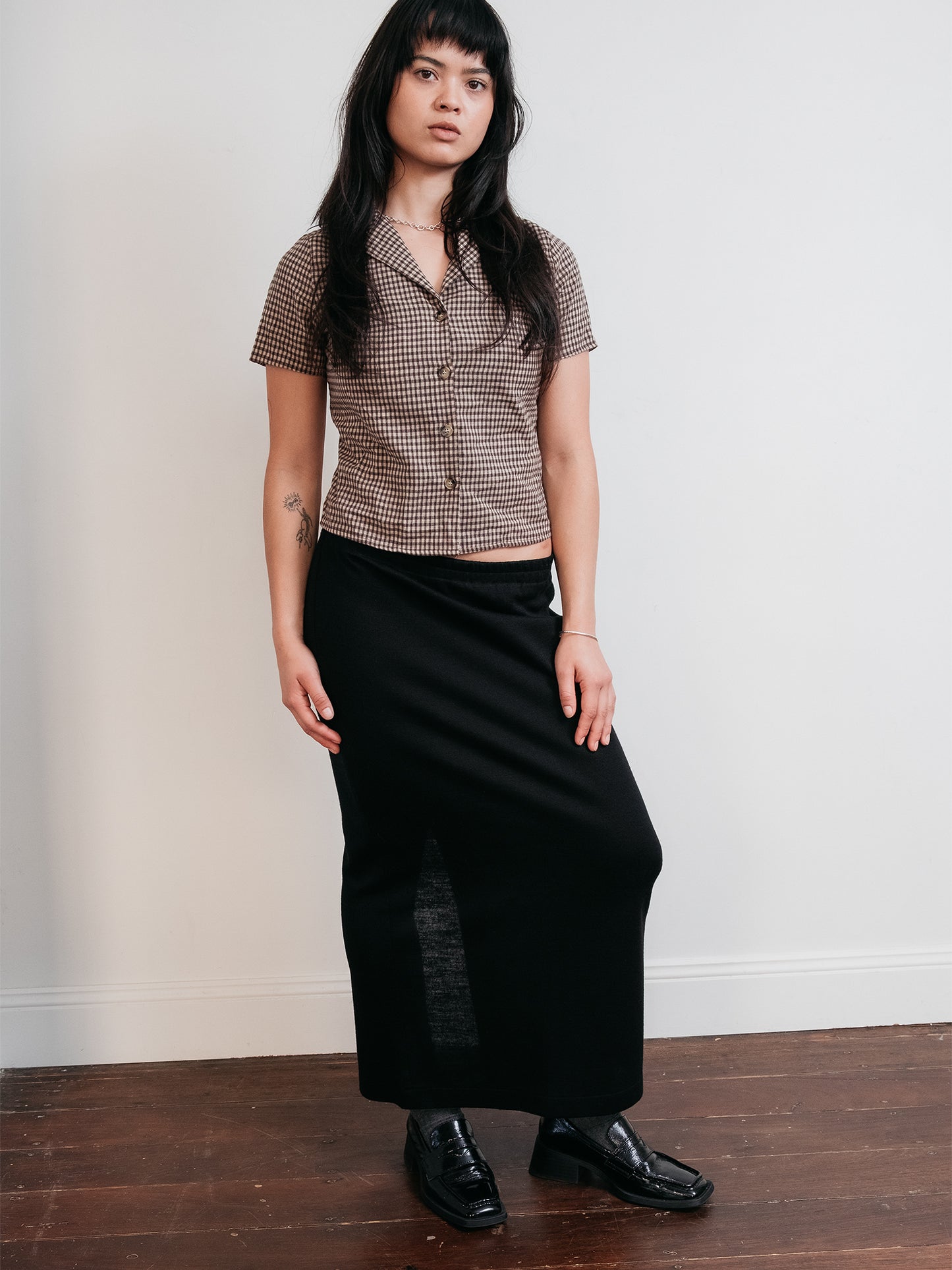 Wool Mid Length Split Skirt Black S-M