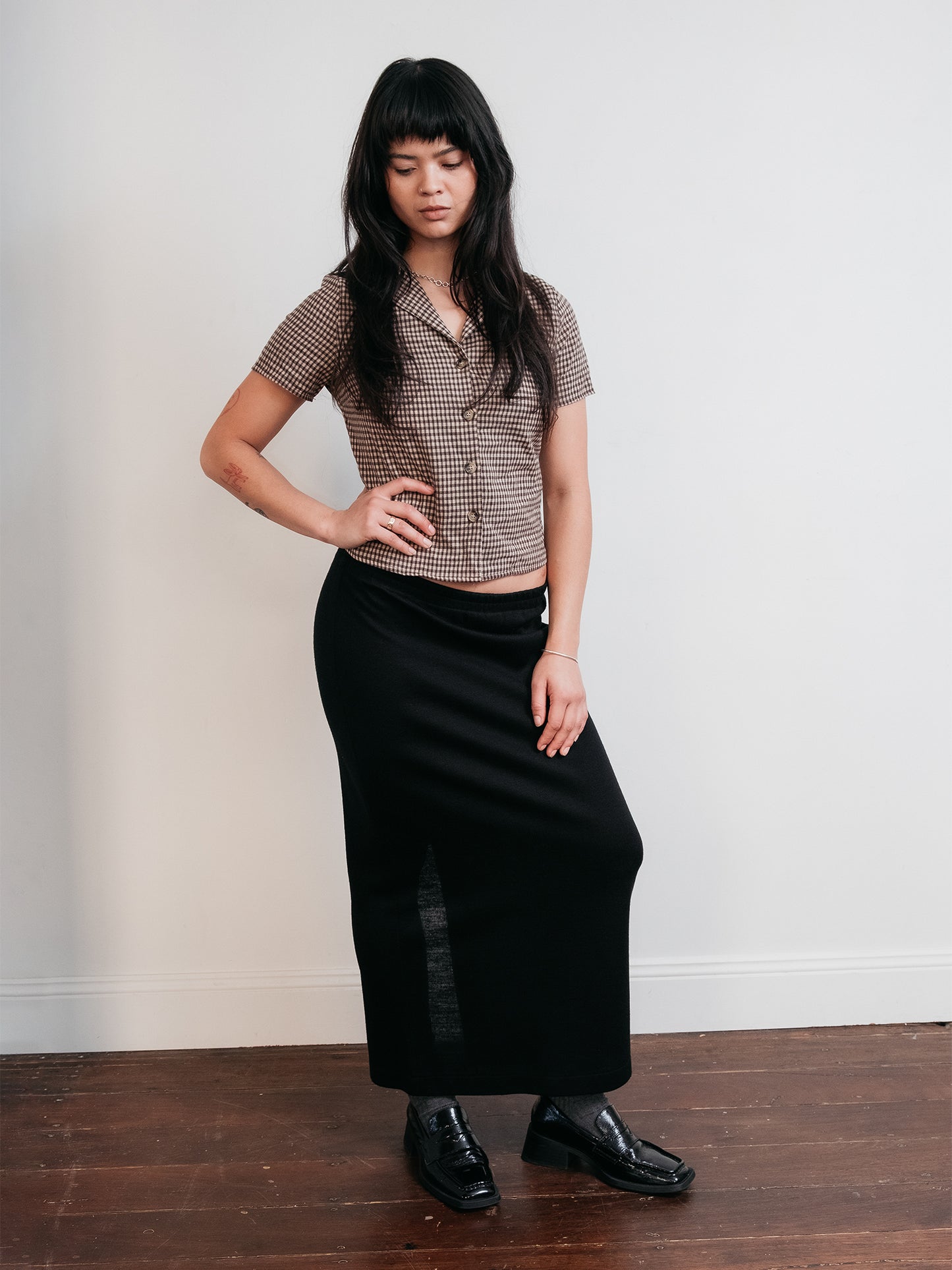Wool Mid Length Split Skirt Black S-M