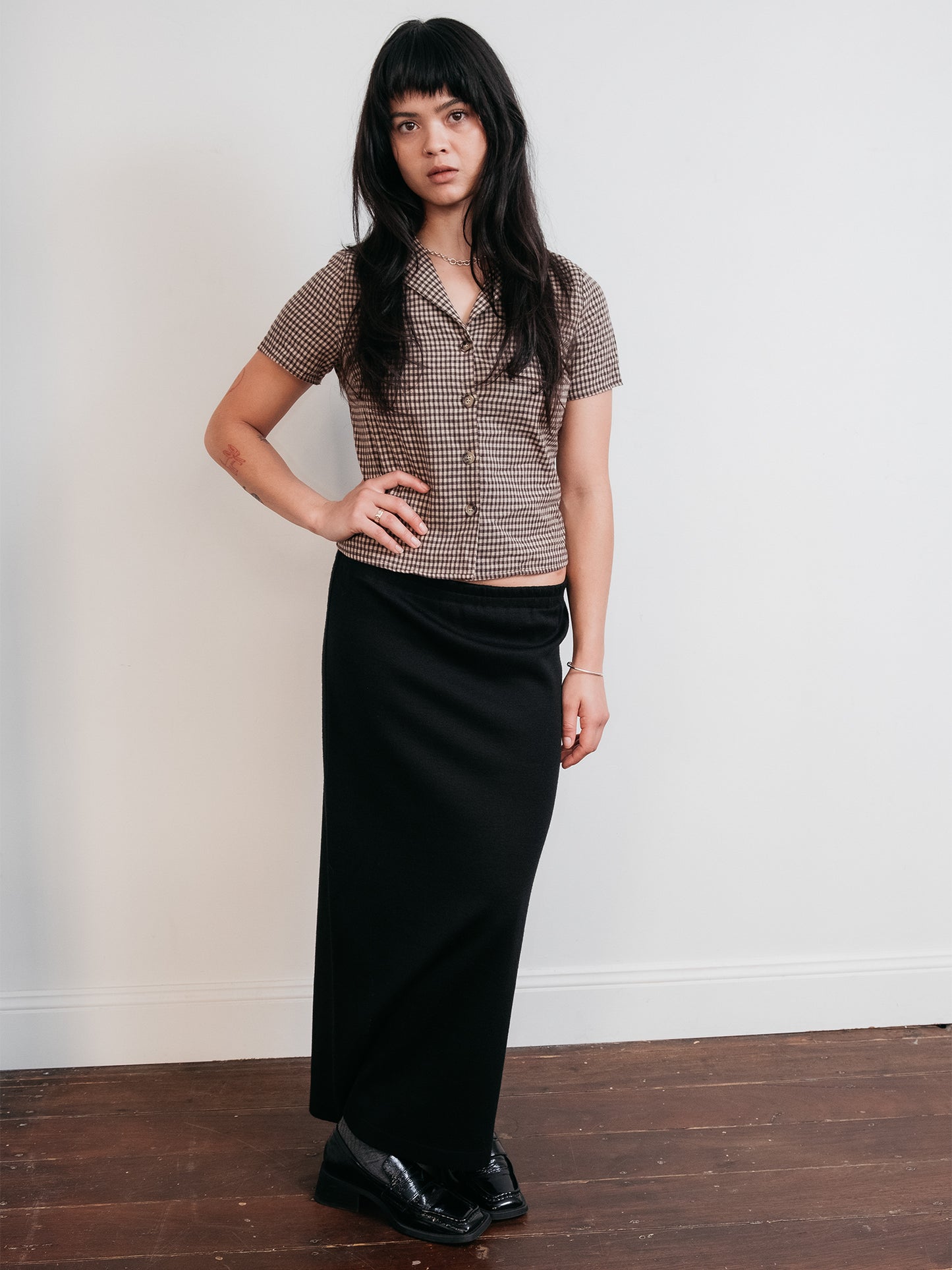 Wool Mid Length Split Skirt Black S-M